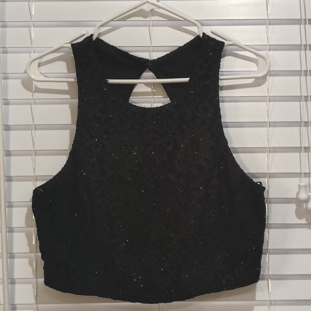 Black Shimmer Crop Top Juniors 13 Black Lace Open Back Whimsygoth Sleeveless
